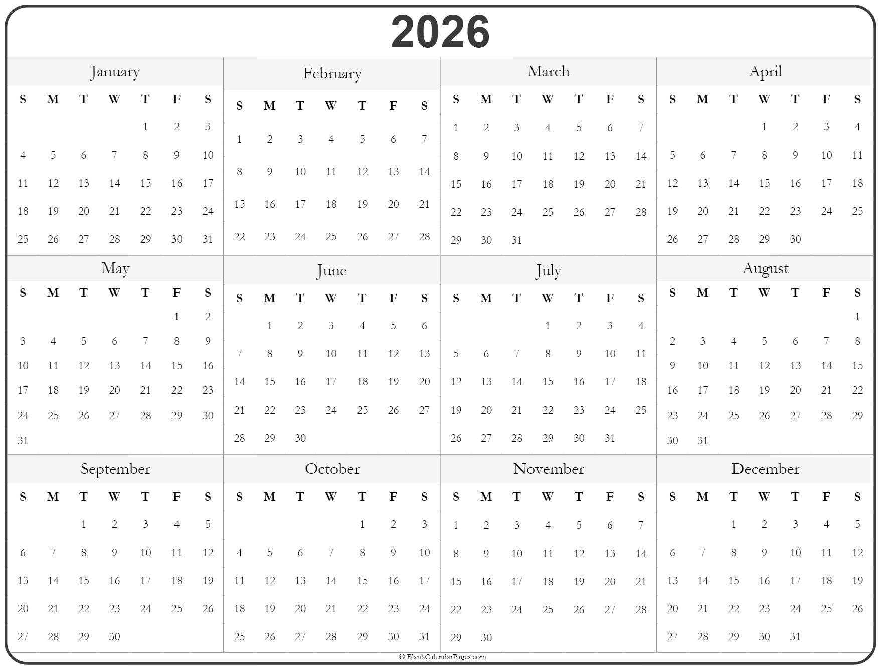 2026 Year Calendar Yearly Printable