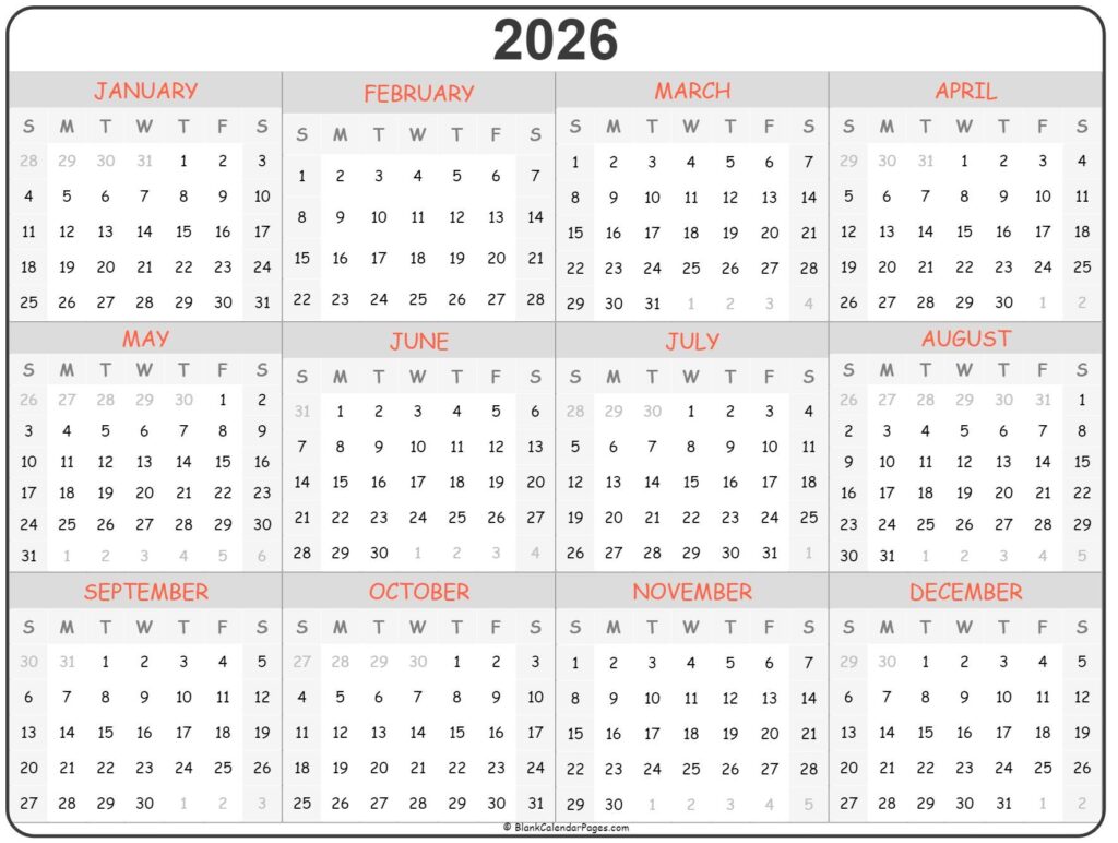 2026 Year Calendar Yearly Printable