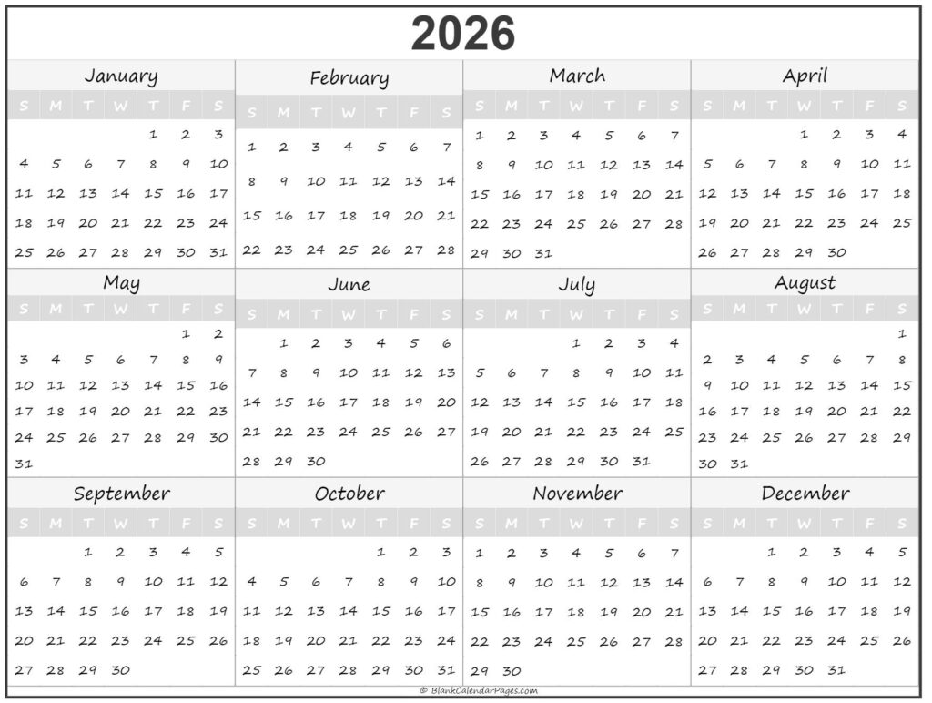 2026 Year Calendar Yearly Printable