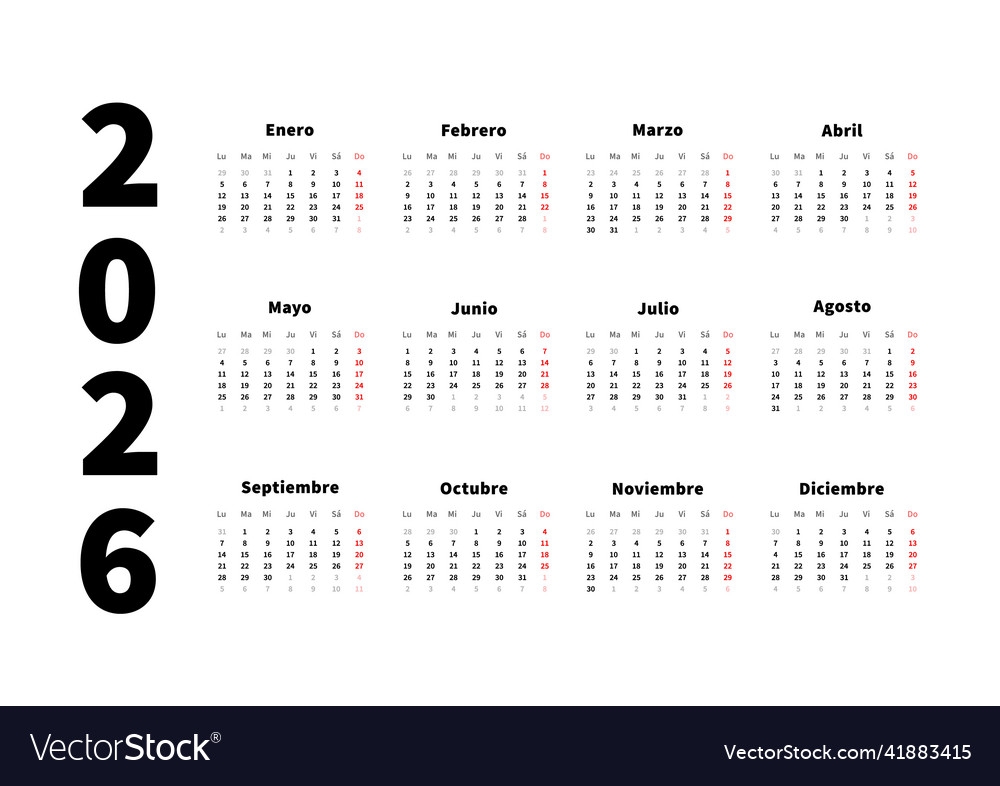 2026 Year Simple Horizontal Calendar In Spanish Vector Image