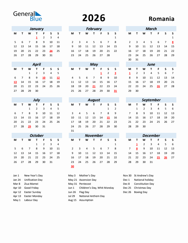 2026 Yearly Calendar For Romania With Holidays