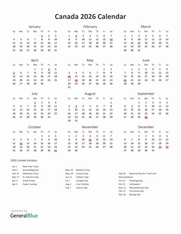 2026 Yearly Calendar Printable With Canada Holidays