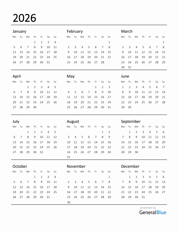 2026 Yearly Calendar Templates With Monday Start