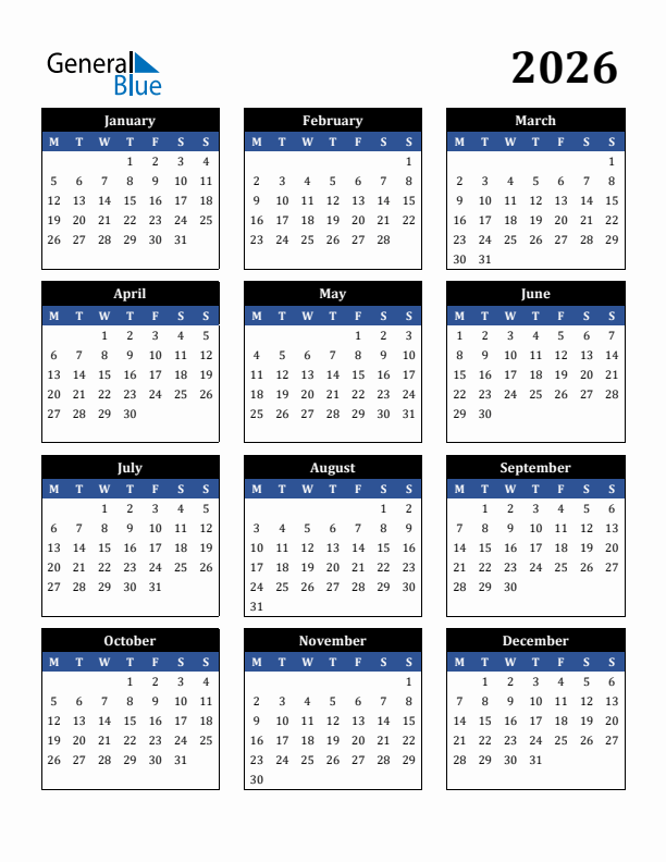 2026 Yearly Calendar Templates With Monday Start