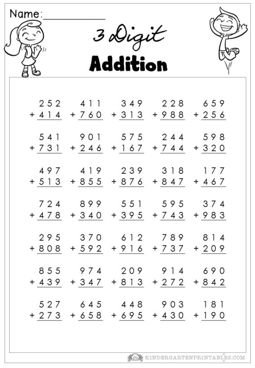3 Digit Addition Printable Worksheets