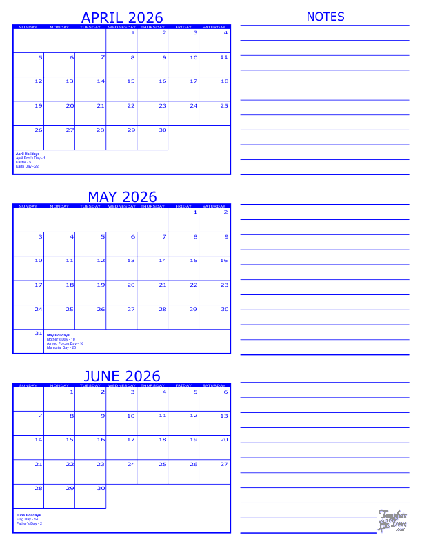 3 Month Calendar 2026