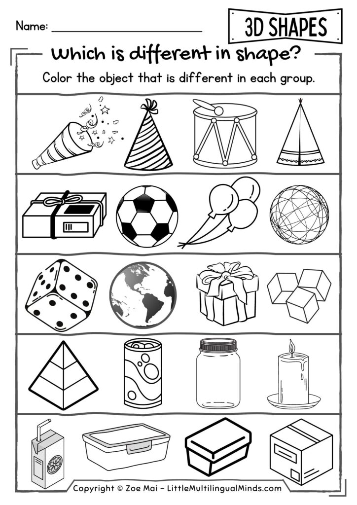 3D Shapes Practice Sheets For Preschool Pre K Kindergarten Color 