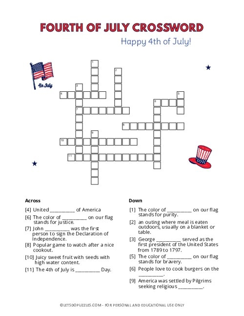 4Th Of July Crossword Puzzle Printable