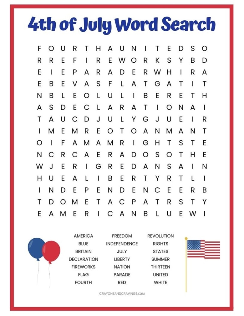 4th Of July Word Search Printable Activities