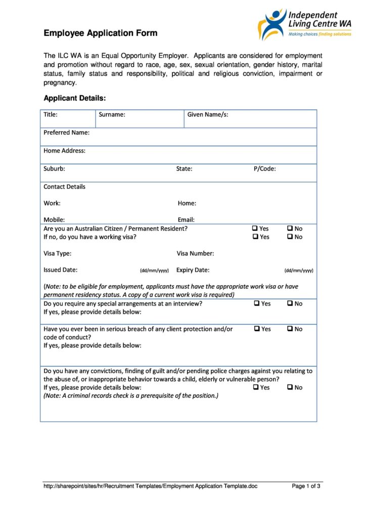 50 Free Employment Job Application Form Templates Printable 