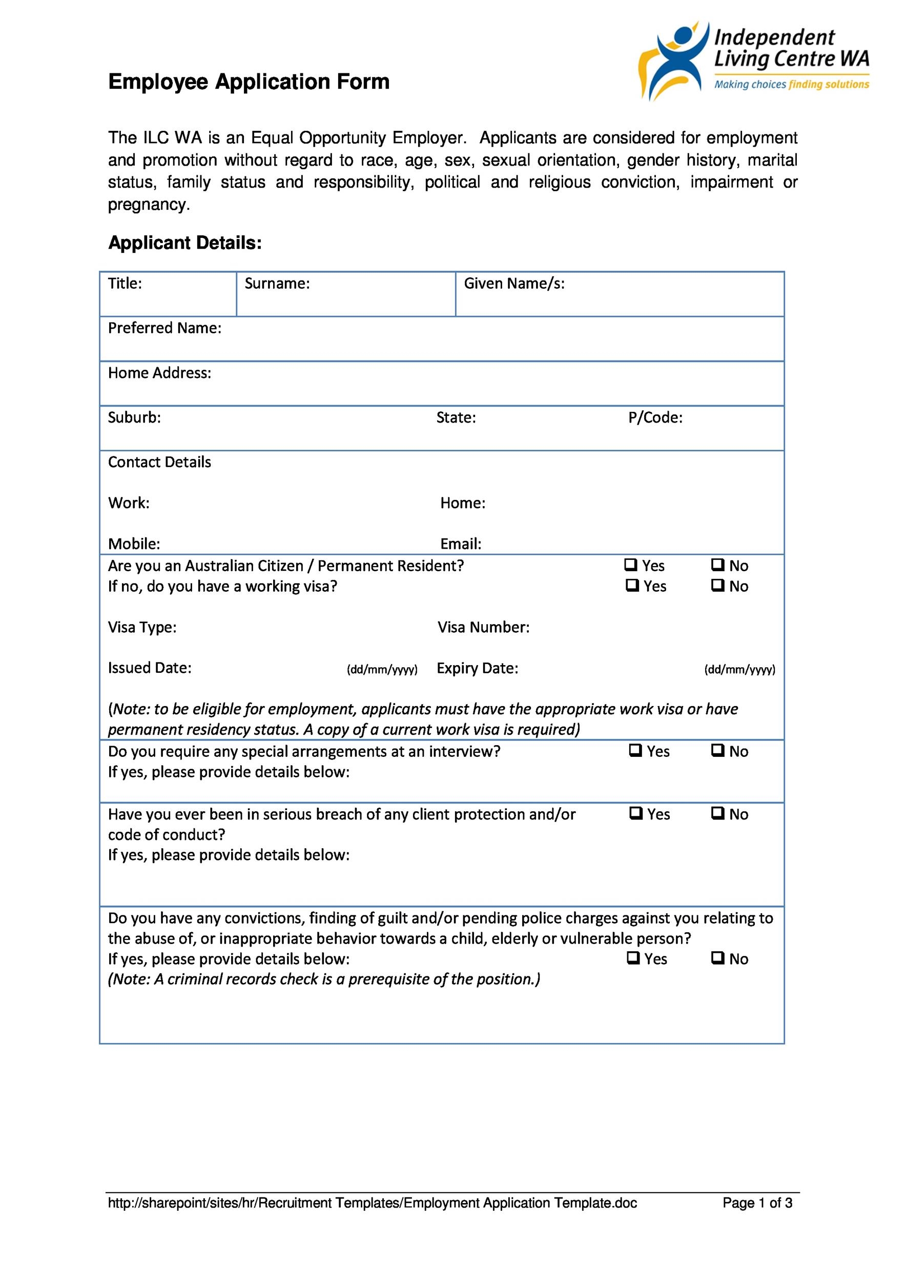 50 Free Employment Job Application Form Templates Printable