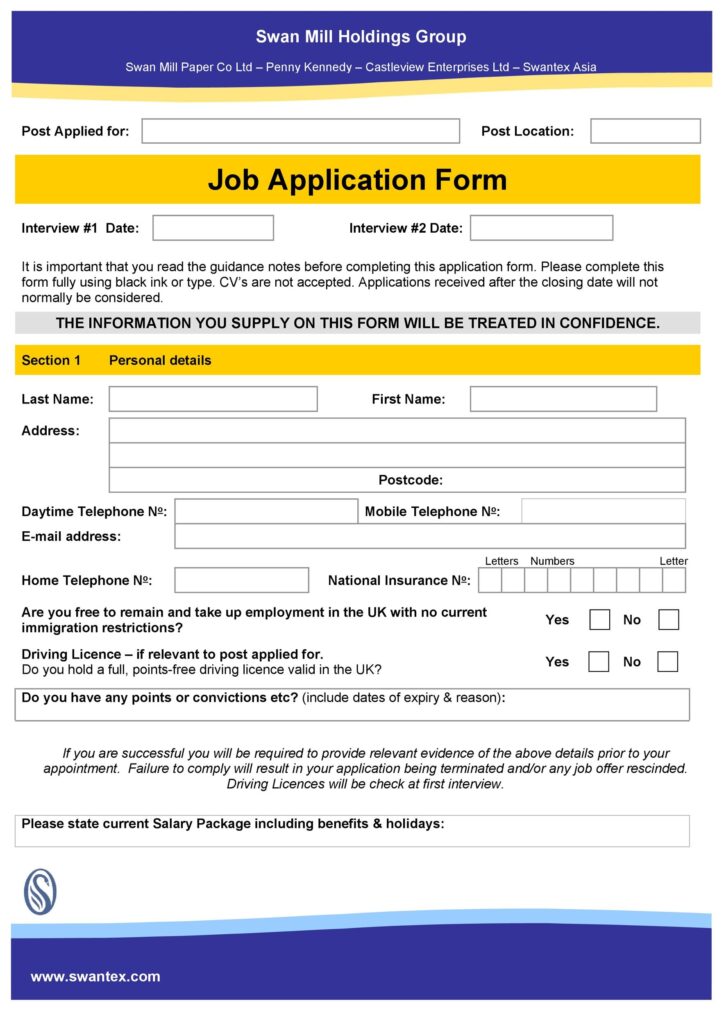 50 Free Employment Job Application Form Templates Printable 