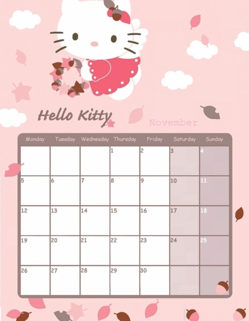 A Calendar With Hello Kitty And Teddy Bears On The Front And An Image
