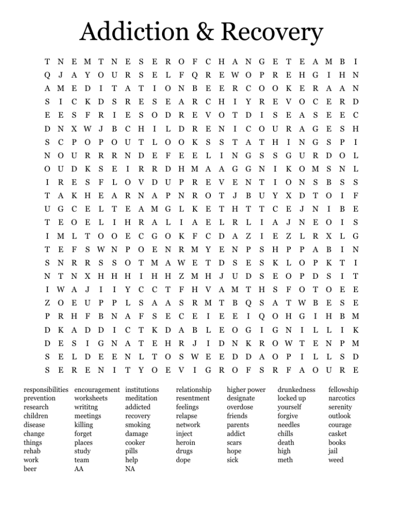 Addiction Recovery Word Search WordMint