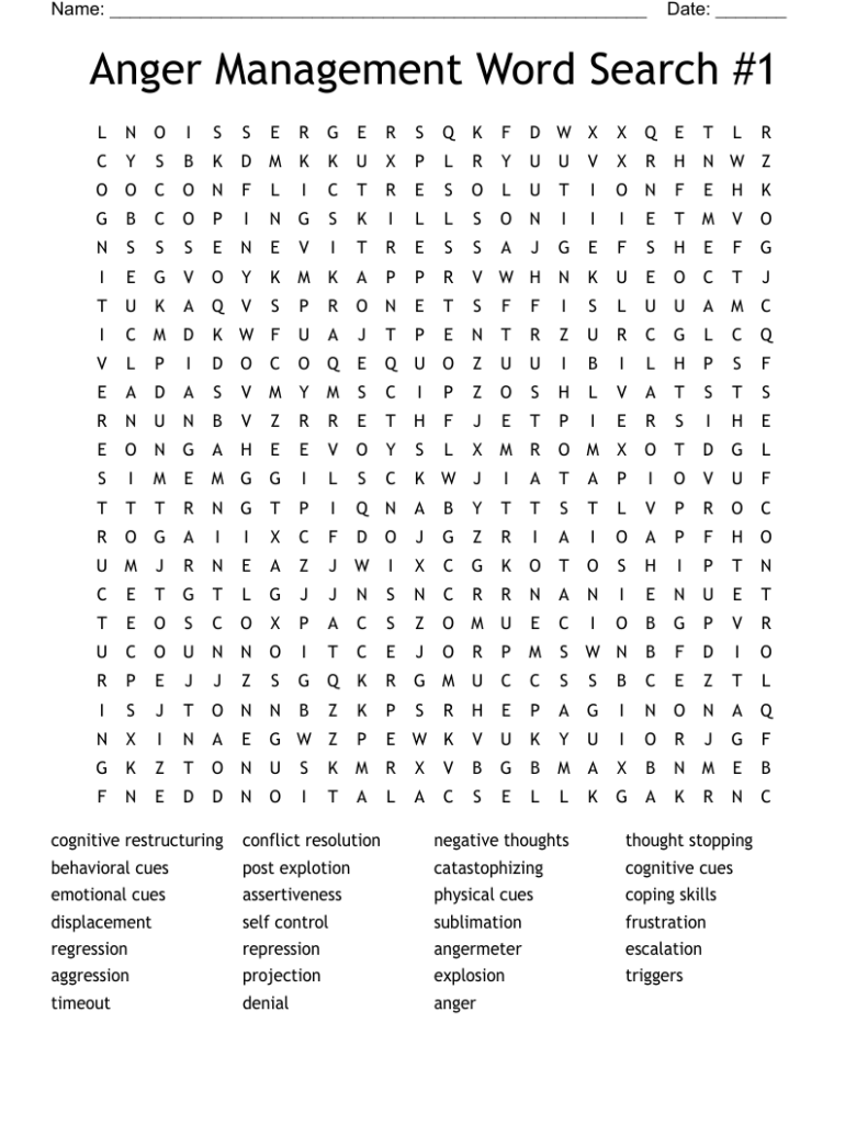 Anger Word Search Printable