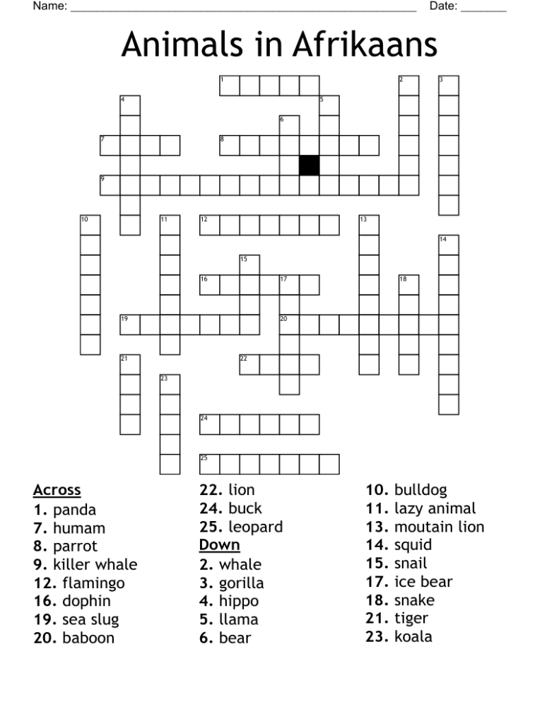 Animals In Afrikaans Crossword WordMint Worksheets Library