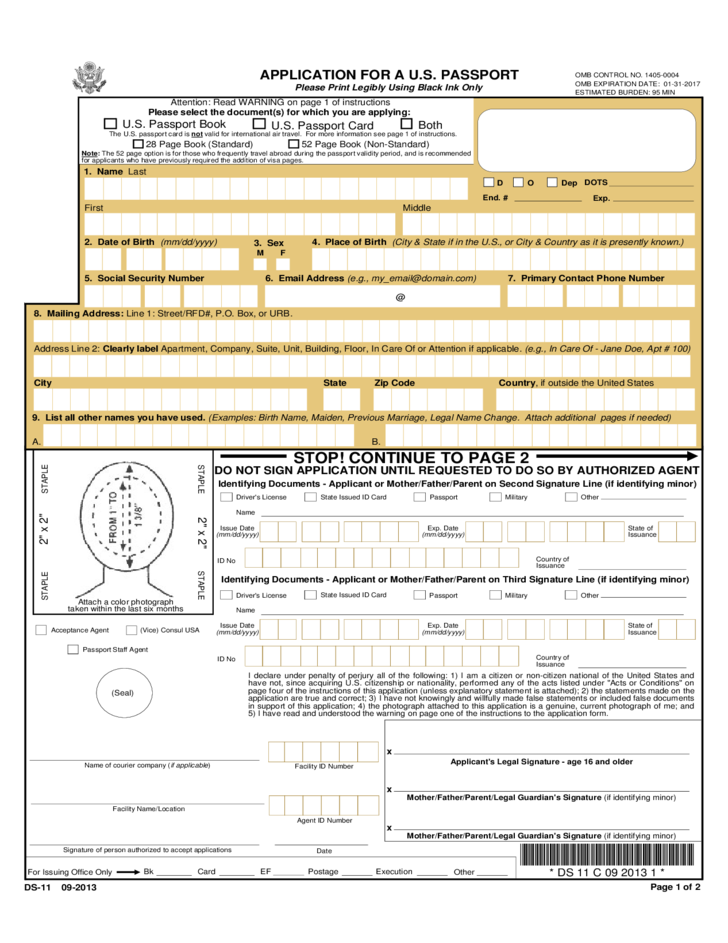 Application For A United States Passport Free Download Printable Form