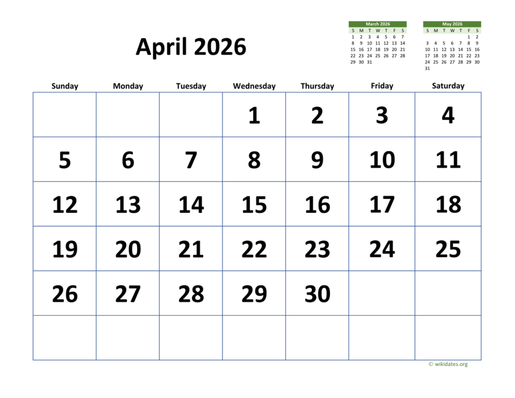 April 2026 Calendar With Extra large Dates WikiDates