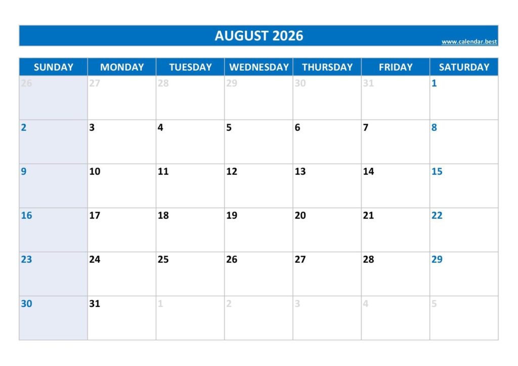 August 2026 Calendar Calendar best