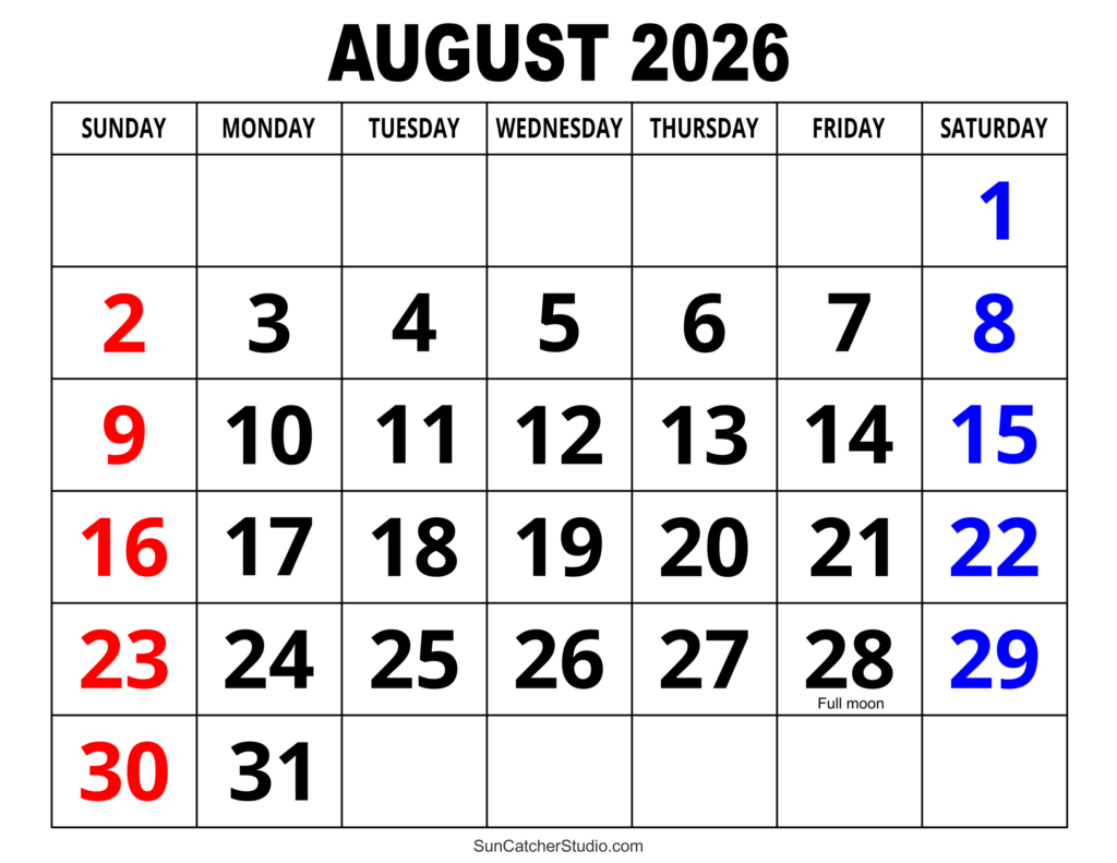 August 2026 Calendar Free Printable DIY Projects Patterns 