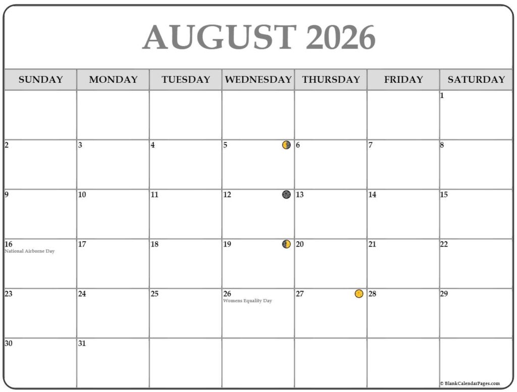 August 2026 Lunar Calendar Moon Phase Calendar