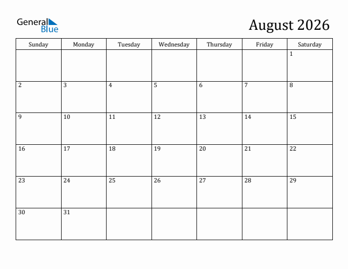 August 2026 Monthly Calendar