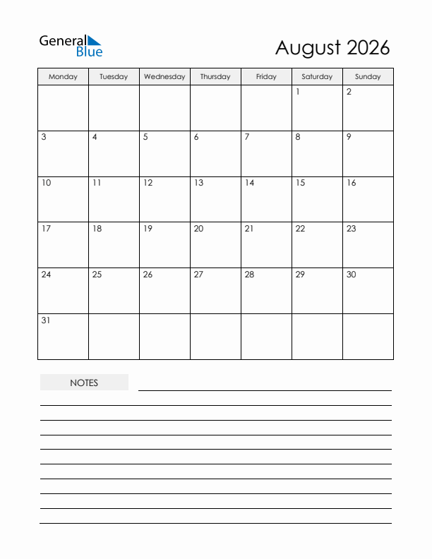 August 2026 Monthly Planner Calendar
