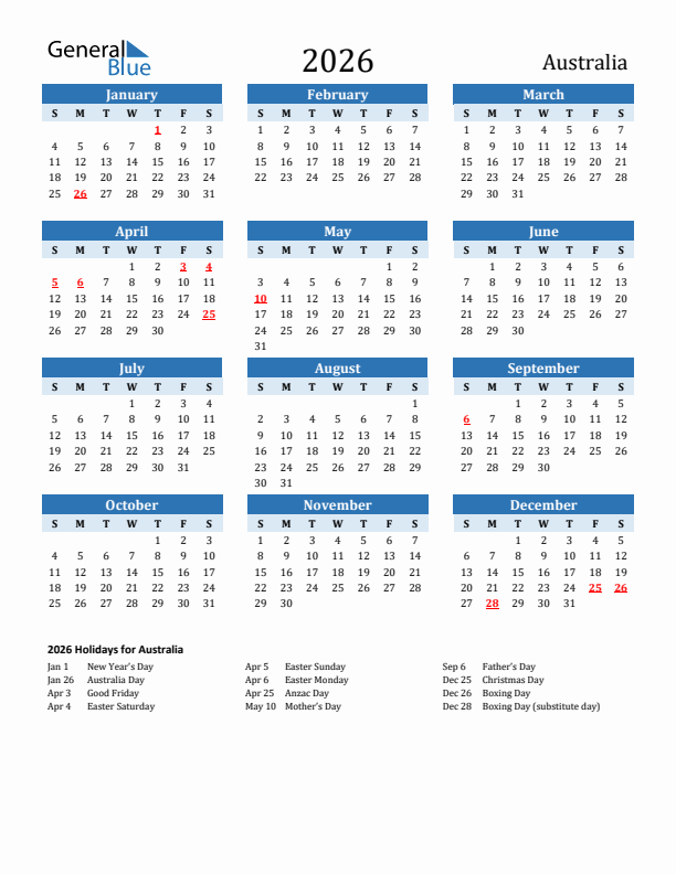 Australia 2026 Calendar With Holidays