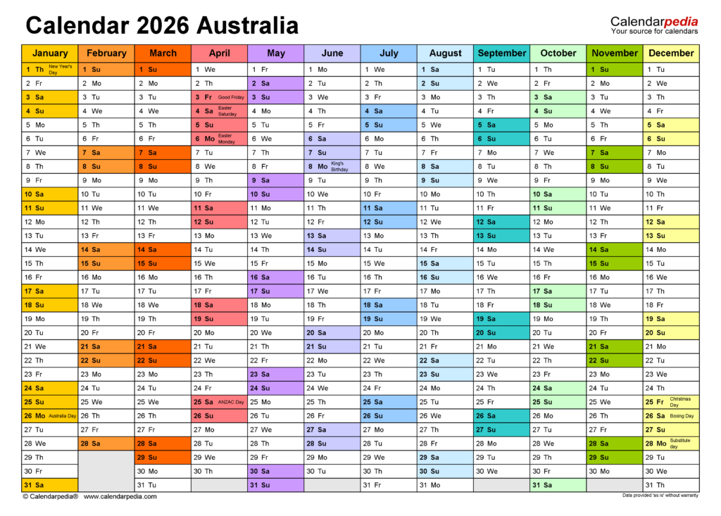 Australia Calendar 2026 Free Printable Excel Templates