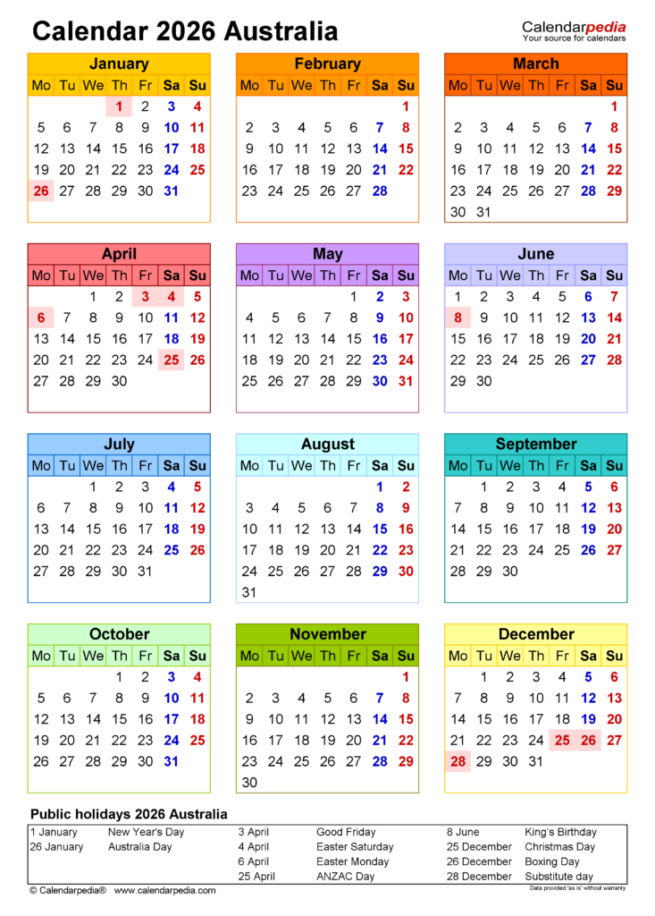 Australia Calendar 2026 Free Printable Excel Templates