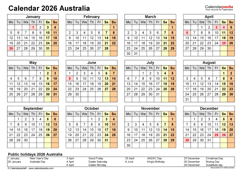 Australia Calendar 2026 Free Printable PDF Templates