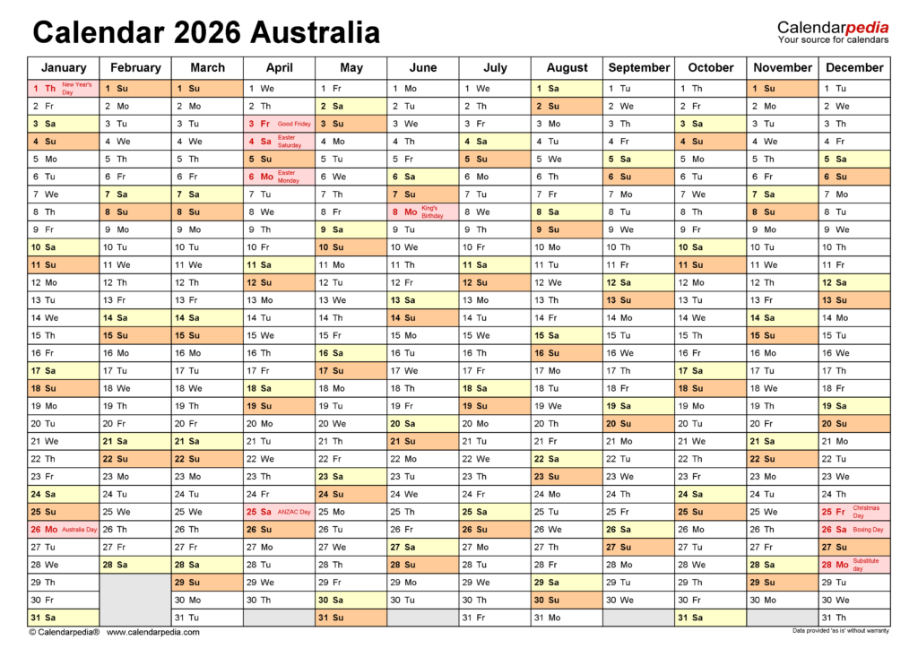 Australia Calendar 2026 Free Printable PDF Templates