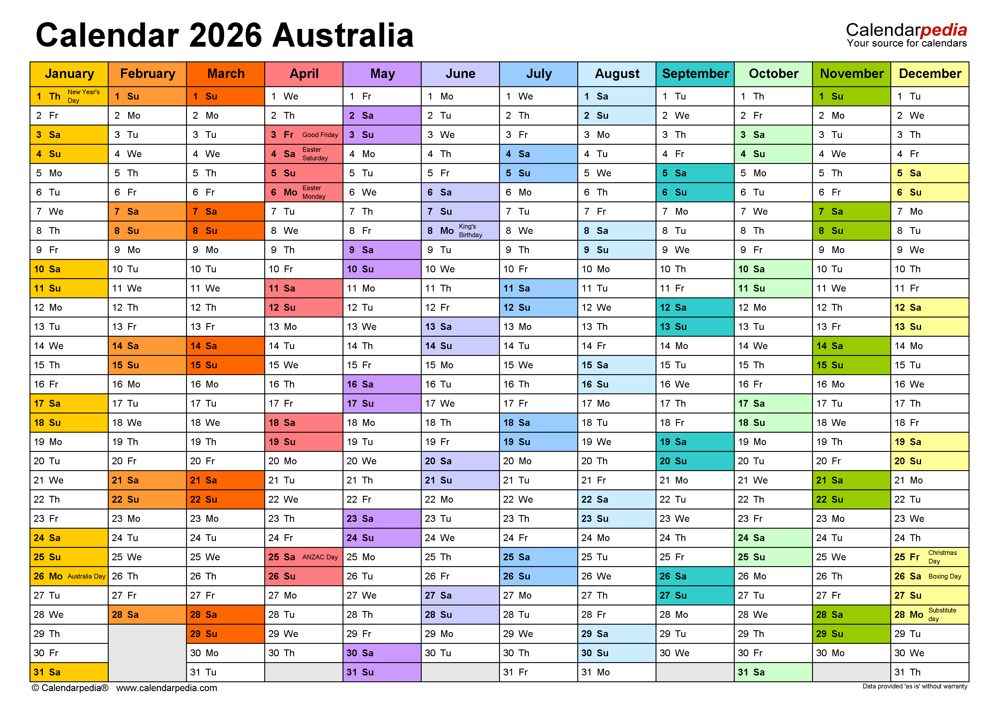 Australia Calendar 2026 Free Printable Word Templates