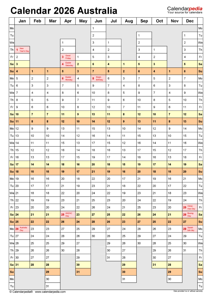 Australia Calendar 2026 Free Printable Word Templates