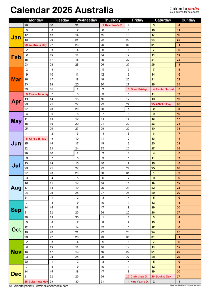 Australia Calendar 2026 Free Printable Word Templates