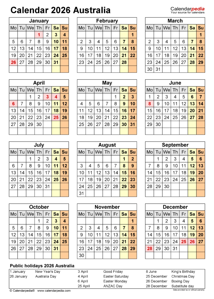 Australia Calendar 2026 Free Printable Word Templates