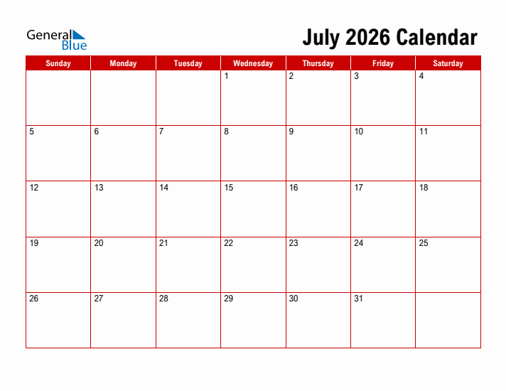 Basic Monthly Calendar July 2026