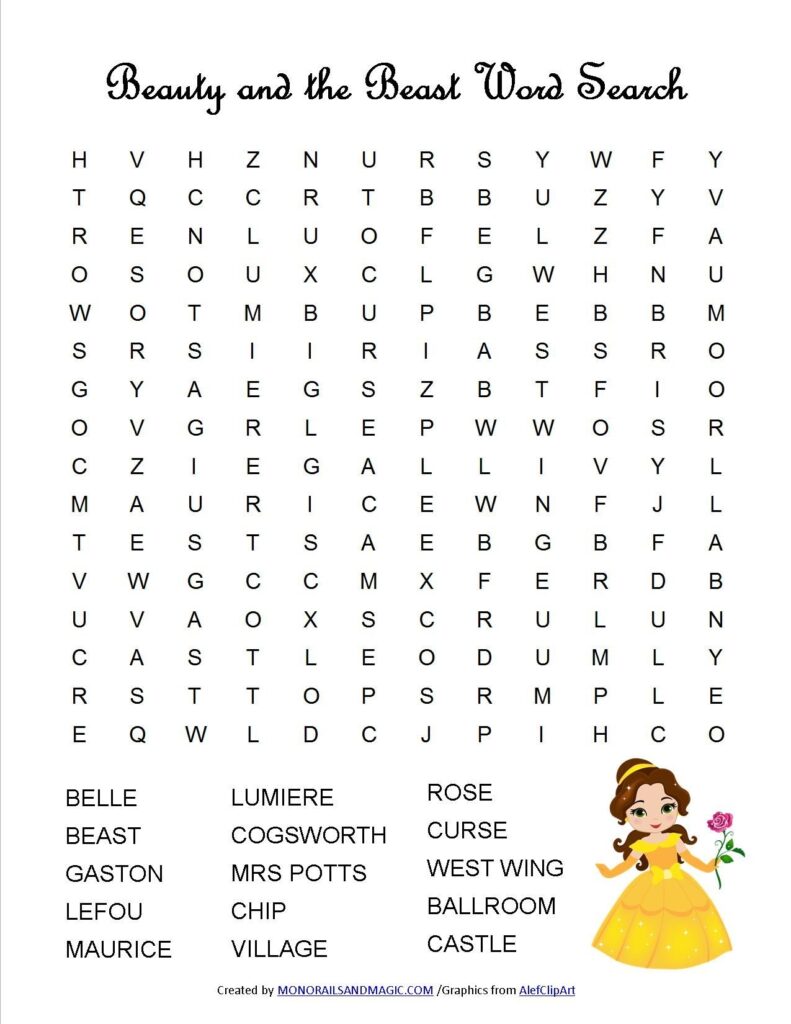 Beauty And The Beast Word Search Free Printable Beauty And The Beast 