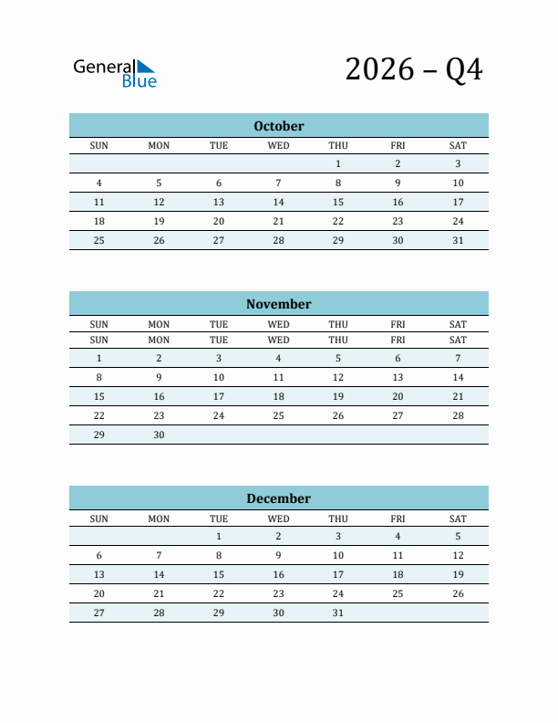Blank Q4 Quarterly Calendar 2026 October November And December