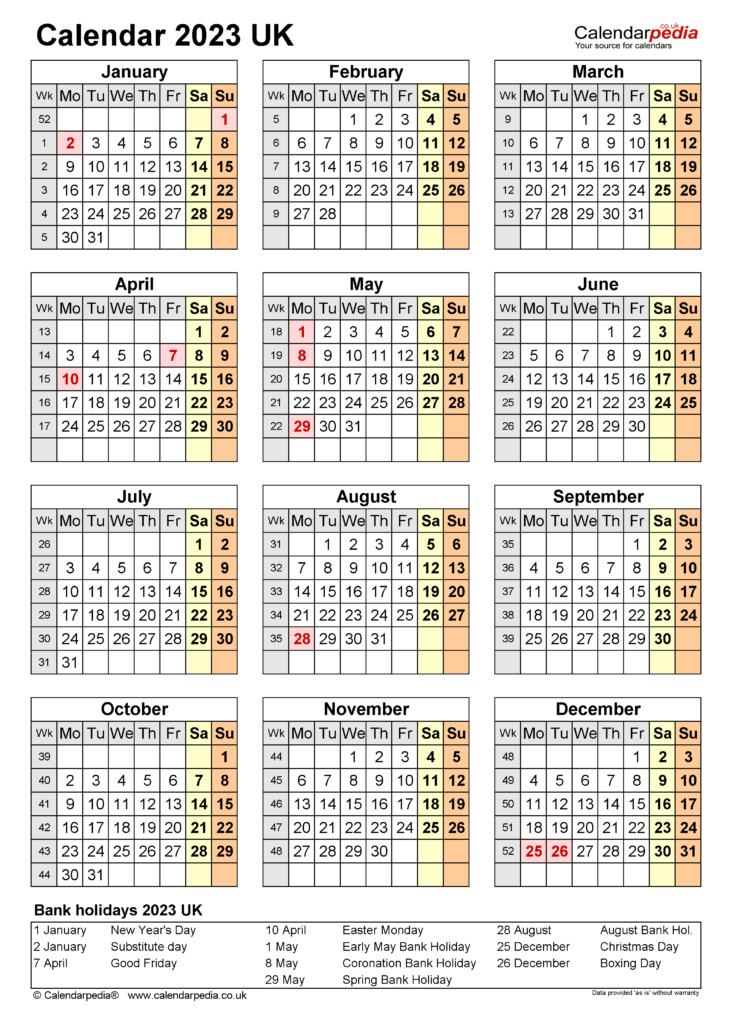 Calendar 2023 UK Free Printable Microsoft Word Templates