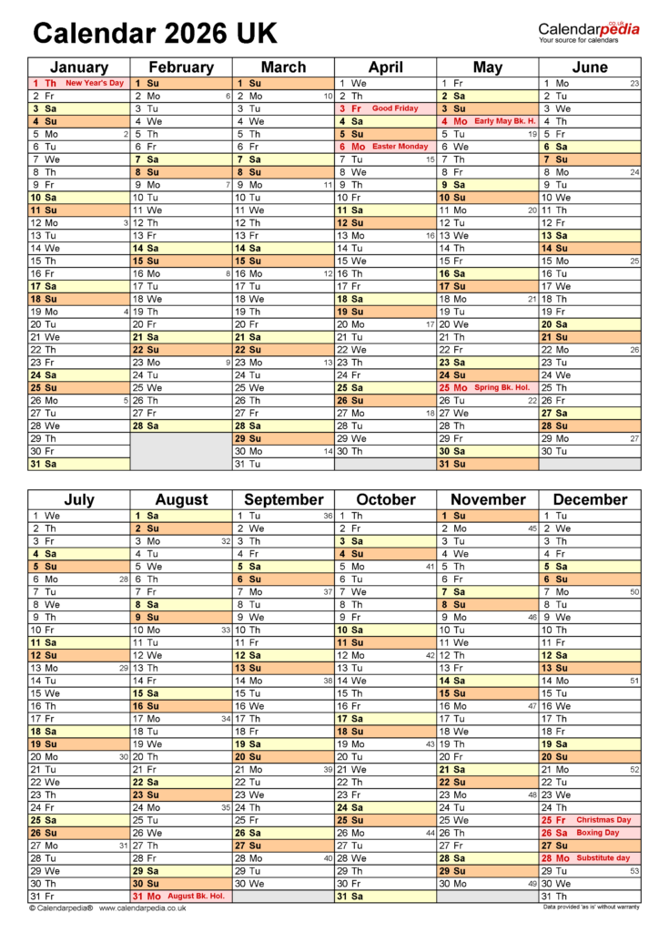 Calendar 2026 UK Free Printable Microsoft Excel Templates