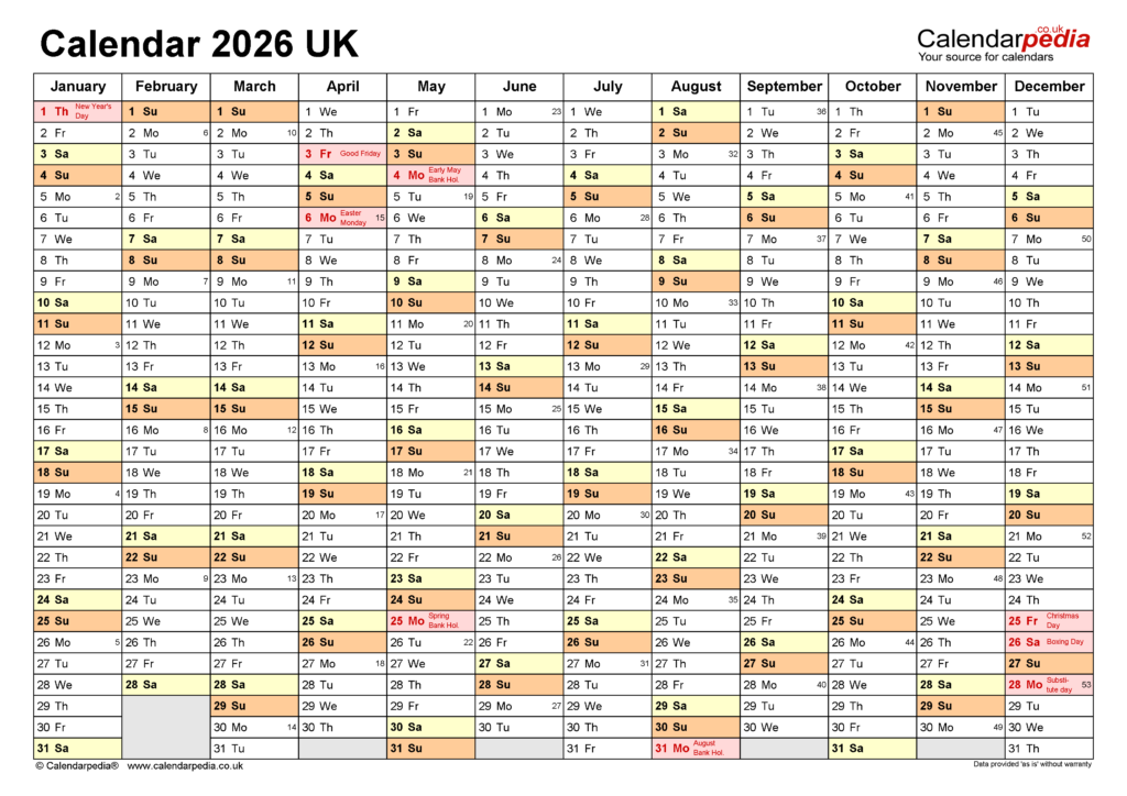 Calendar 2026 UK Free Printable Microsoft Excel Templates