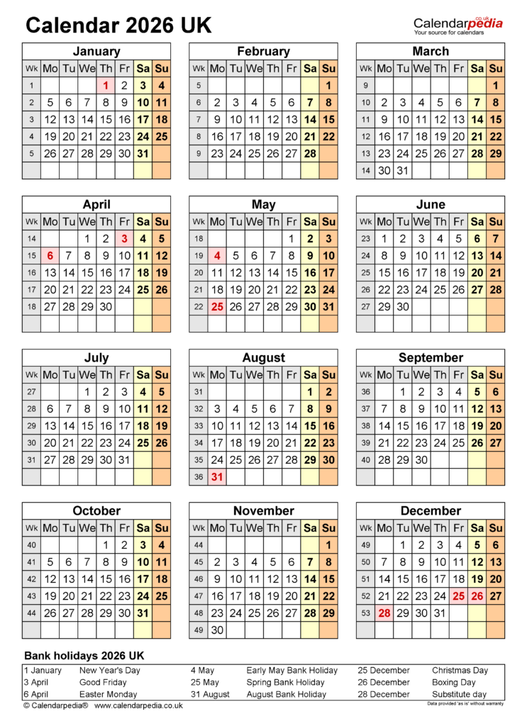 Calendar 2026 UK Free Printable Microsoft Excel Templates