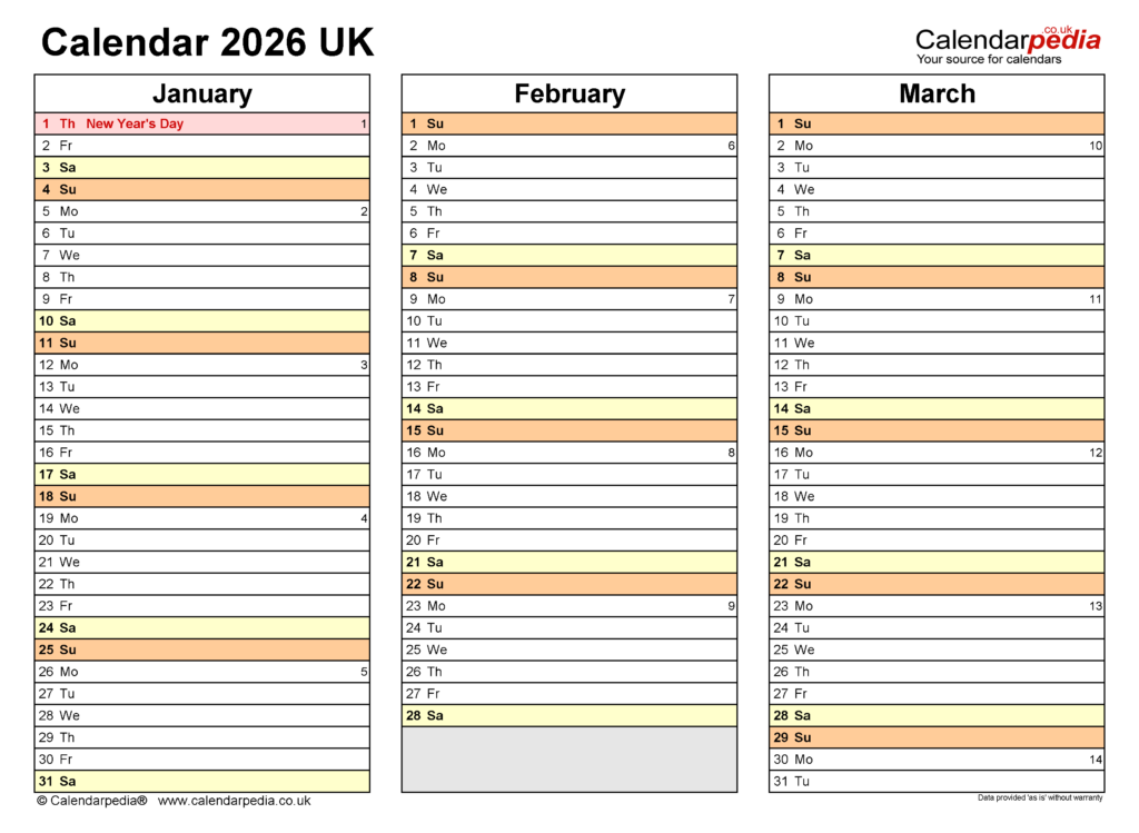 Calendar 2026 UK Free Printable Microsoft Word Templates