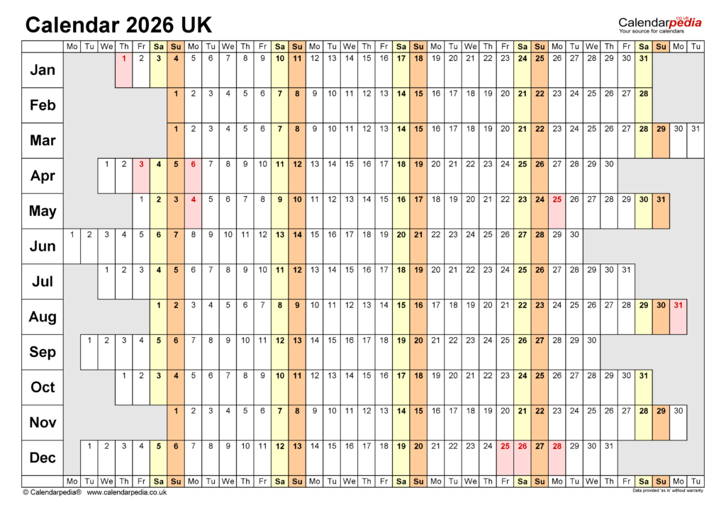 Calendar 2026 UK Free Printable Microsoft Word Templates