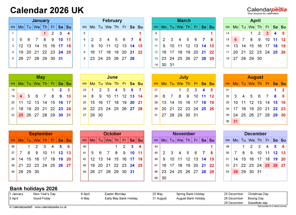 Calendar 2026 UK Free Printable PDF Templates