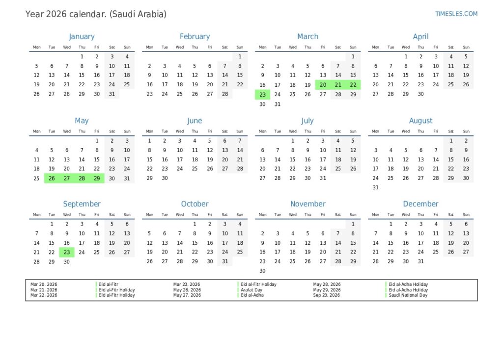 Calendar For 2026 With Holidays In Saudi Arabia Print And Download 