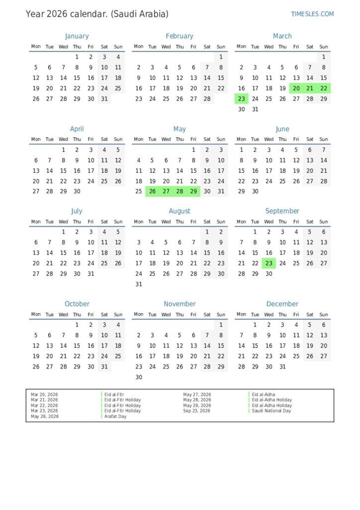 Calendar For 2026 With Holidays In Saudi Arabia Print And Download 