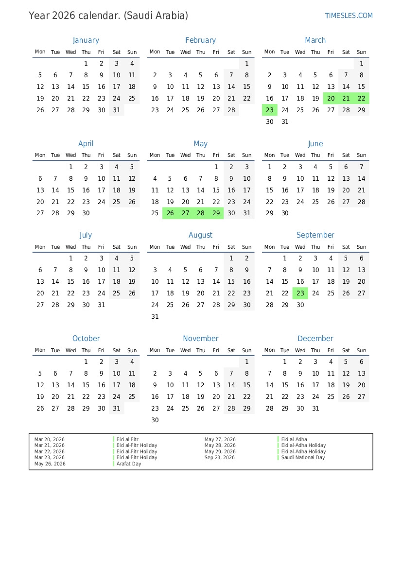 Calendar For 2026 With Holidays In Saudi Arabia Print And Download