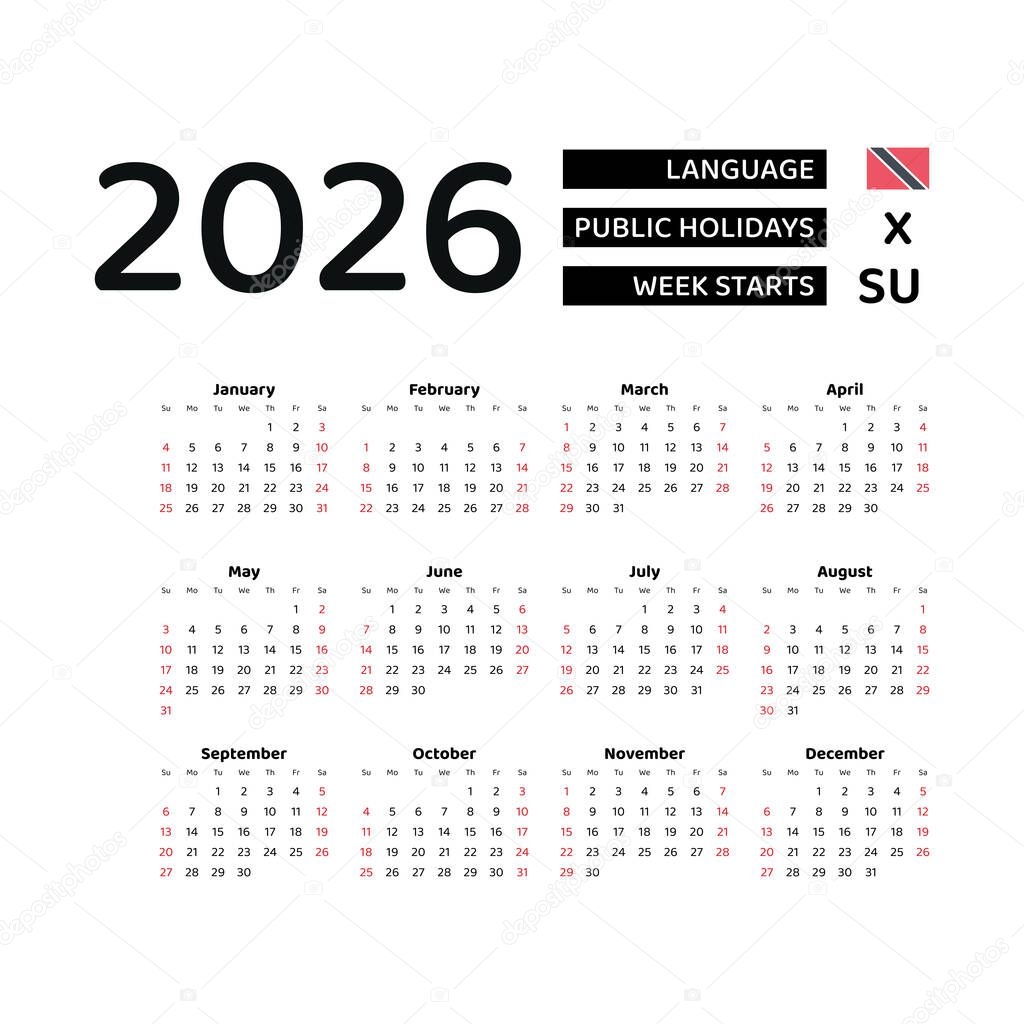 Calendario 2026 Idioma Ingl s Con Festivos De Trinidad Y Tobago La